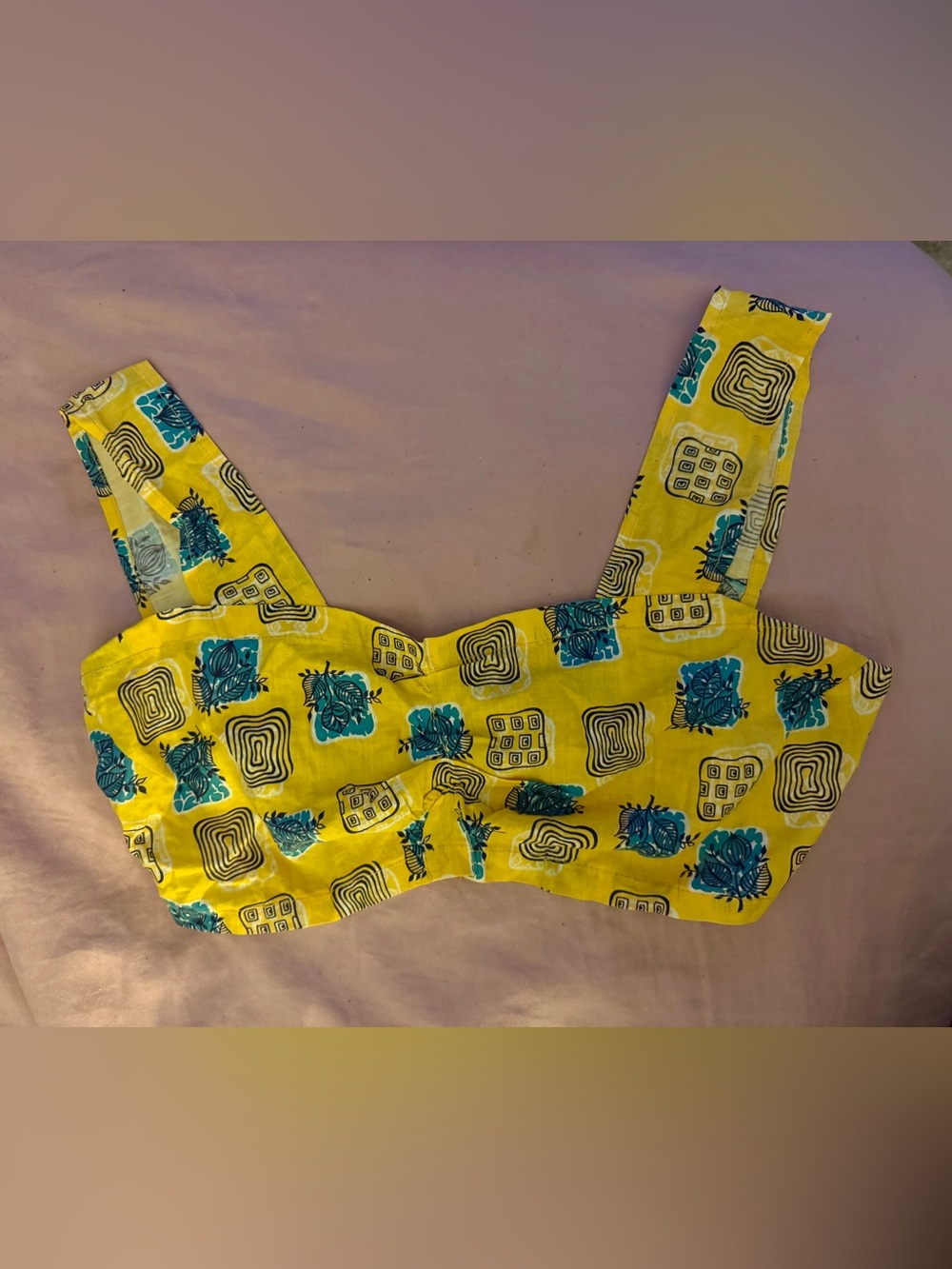 Vintage Yellow Crop Top with Teal & Black Print
